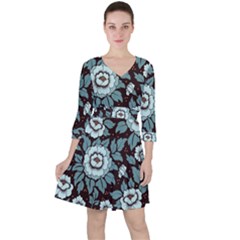 Vintage Floral Pattern Blue Damask Pattern Blue Vintage Quarter Sleeve Ruffle Waist Dress