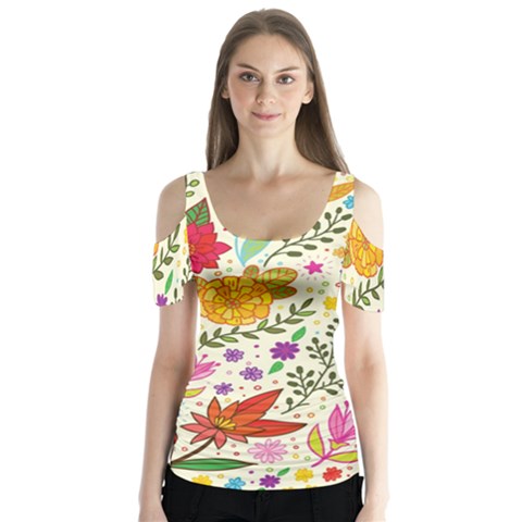 Colorful Flowers Pattern Abstract Patterns Floral Patterns Butterfly Sleeve Cutout Tee  by uniart180623