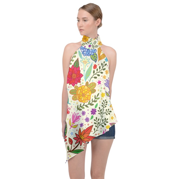 Colorful Flowers Pattern Abstract Patterns Floral Patterns Halter Asymmetric Satin Top