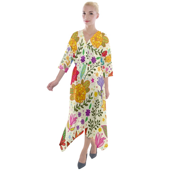 Colorful Flowers Pattern Abstract Patterns Floral Patterns Quarter Sleeve Wrap Front Maxi Dress