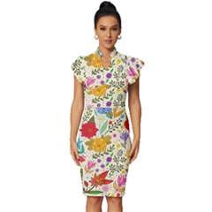 Colorful Flowers Pattern Abstract Patterns Floral Patterns Vintage Frill Sleeve V-neck Bodycon Dress by uniart180623