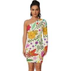 Colorful Flowers Pattern Abstract Patterns Floral Patterns Long Sleeve One Shoulder Mini Dress