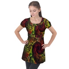 Green And Red Lights Wallpaper Fractal Digital Art Artwork Puff Sleeve Tunic Top by uniart180623