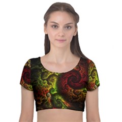 Green And Red Lights Wallpaper Fractal Digital Art Artwork Velvet Short Sleeve Crop Top  by uniart180623