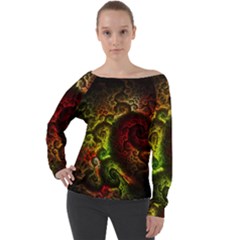 Green And Red Lights Wallpaper Fractal Digital Art Artwork Off Shoulder Long Sleeve Velour Top by uniart180623