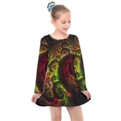 Green And Red Lights Wallpaper Fractal Digital Art Artwork Kids  Long Sleeve Dress by uniart180623