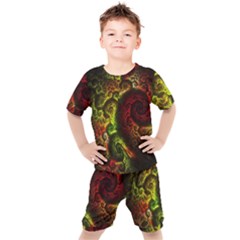 Green And Red Lights Wallpaper Fractal Digital Art Artwork Kids  Tee And Shorts Set by uniart180623