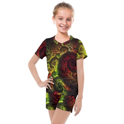 Green And Red Lights Wallpaper Fractal Digital Art Artwork Kids  Mesh Tee And Shorts Set by uniart180623