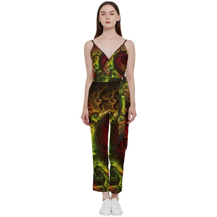 Green And Red Lights Wallpaper Fractal Digital Art Artwork V-Neck Camisole Jumpsuit