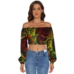 Green And Red Lights Wallpaper Fractal Digital Art Artwork Long Sleeve Crinkled Weave Crop Top by uniart180623