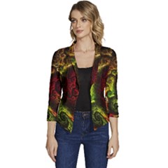 Green And Red Lights Wallpaper Fractal Digital Art Artwork Women s Casual 3/4 Sleeve Spring Jacket