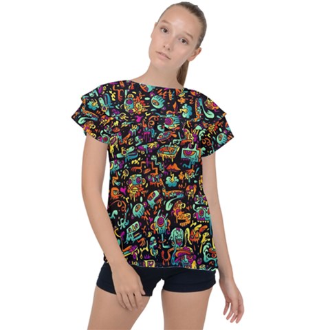 Cartoon Monster Pattern Abstract Background Ruffle Collar Chiffon Blouse by uniart180623