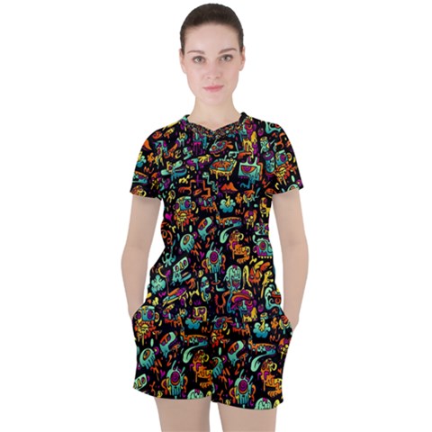 Cartoon Monster Pattern Abstract Background Women s Tee And Shorts Set by uniart180623