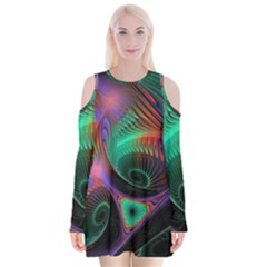 Circle Art 3d Artwork Graphics Vortex Colorful Digital Art Velvet Long Sleeve Shoulder Cutout Dress by uniart180623