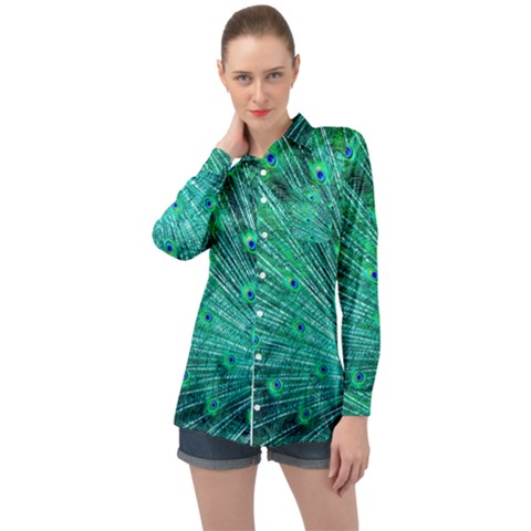 Green And Blue Peafowl Peacock Animal Color Brightly Colored Long Sleeve Satin Shirt by uniart180623