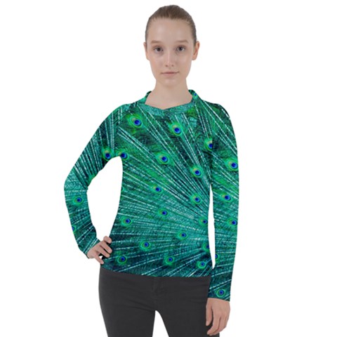 Green And Blue Peafowl Peacock Animal Color Brightly Colored Women s Pique Long Sleeve Tee by uniart180623