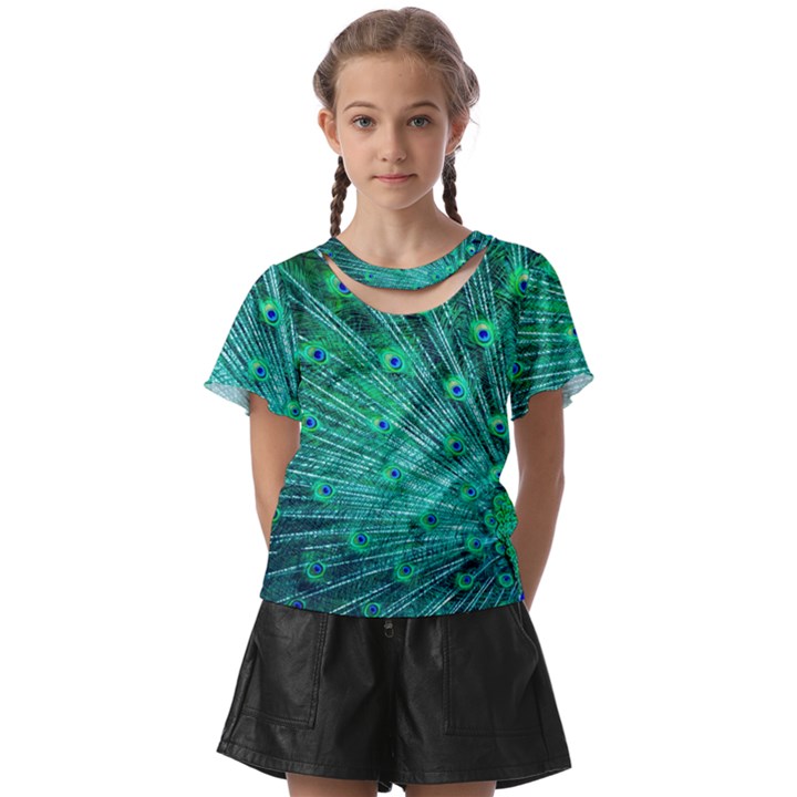 Green And Blue Peafowl Peacock Animal Color Brightly Colored Kids  Front Cut Tee