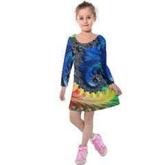 Colorful Digital Art Fractal Design Kids  Long Sleeve Velvet Dress by uniart180623