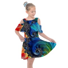 Colorful Digital Art Fractal Design Kids  Shoulder Cutout Chiffon Dress by uniart180623