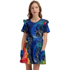 Colorful Digital Art Fractal Design Kids  Frilly Sleeves Pocket Dress by uniart180623