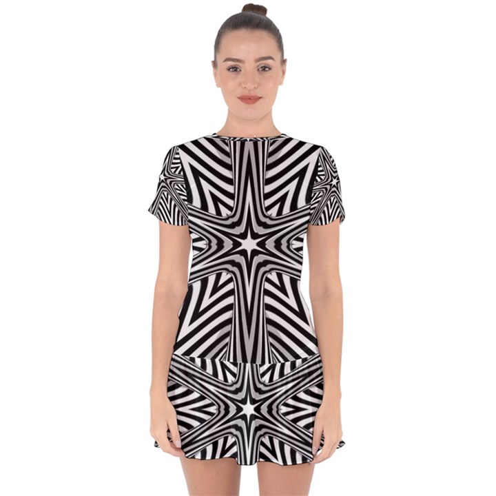 Fractal Star Mandala Black And White Drop Hem Mini Chiffon Dress