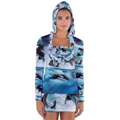 Orca Wave Water Underwater Sky Long Sleeve Hooded T-shirt by uniart180623