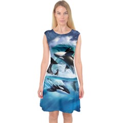 Orca Wave Water Underwater Sky Capsleeve Midi Dress by uniart180623