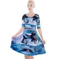 Orca Wave Water Underwater Sky Quarter Sleeve A-line Dress by uniart180623