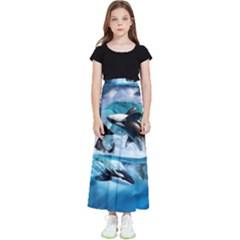 Orca Wave Water Underwater Sky Kids  Flared Maxi Skirt by uniart180623