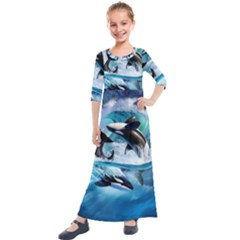 Orca Wave Water Underwater Sky Kids  Quarter Sleeve Maxi Dress by uniart180623