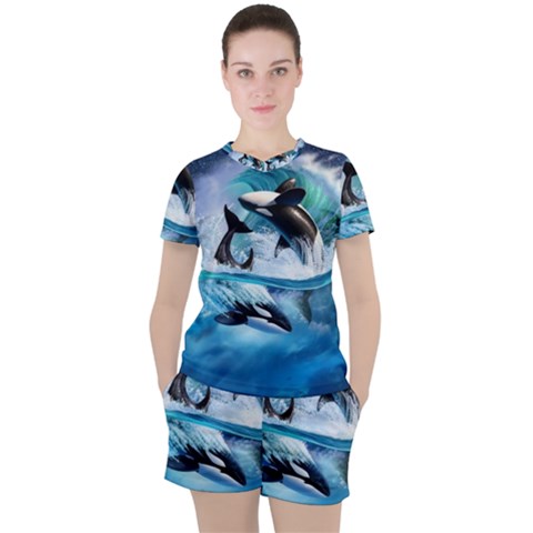 Orca Wave Water Underwater Sky Women s Tee And Shorts Set by uniart180623