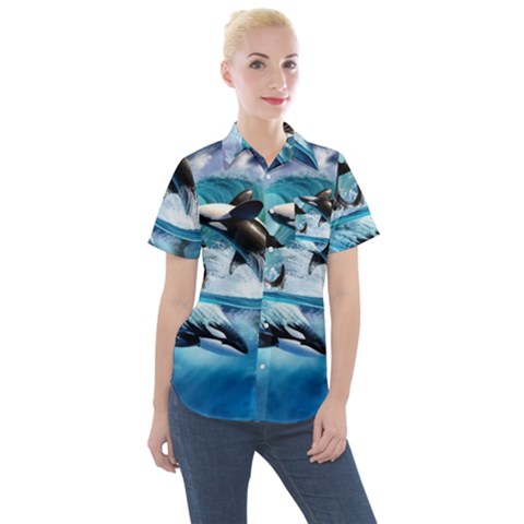 Orca Wave Water Underwater Sky Women s Short Sleeve Pocket Shirt by uniart180623