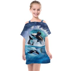 Orca Wave Water Underwater Sky Kids  One Piece Chiffon Dress by uniart180623