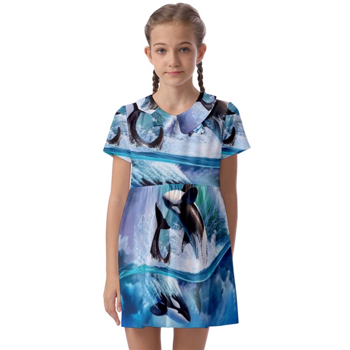 Orca Wave Water Underwater Sky Kids  Asymmetric Collar Dress