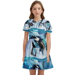 Orca Wave Water Underwater Sky Kids  Bow Tie Puff Sleeve Dress by uniart180623