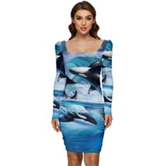 Orca Wave Water Underwater Sky Women Long Sleeve Ruched Stretch Jersey Dress by uniart180623