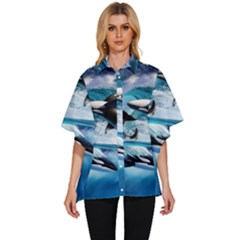 Orca Wave Water Underwater Sky Women s Batwing Button Up Shirt