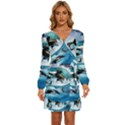 Orca Wave Water Underwater Sky Long Sleeve Waist Tie Ruffle Velvet Dress View1