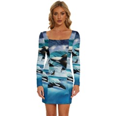 Orca Wave Water Underwater Sky Long Sleeve Square Neck Bodycon Velvet Dress by uniart180623