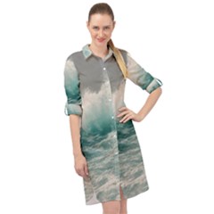 Big Storm Wave Long Sleeve Mini Shirt Dress by uniart180623