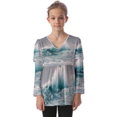 Big Storm Wave Kids  V Neck Casual Top by uniart180623