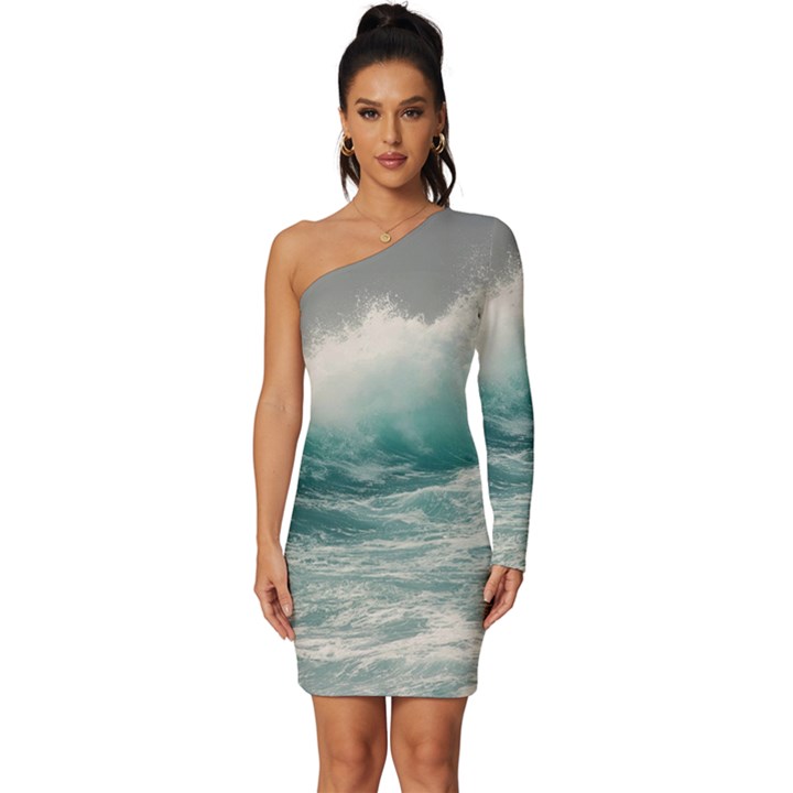 Big Storm Wave Long Sleeve One Shoulder Mini Dress