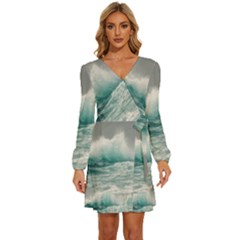 Big Storm Wave Long Sleeve Waist Tie Ruffle Velvet Dress by uniart180623