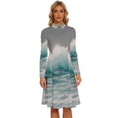 Big Storm Wave Long Sleeve Shirt Collar A-line Dress