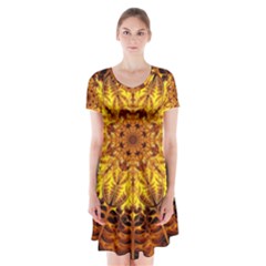 Abstract Gold Mandala Yellow Short Sleeve V-neck Flare Dress by uniart180623