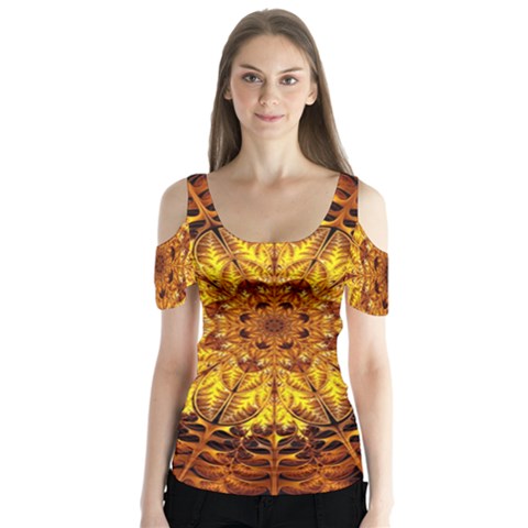 Abstract Gold Mandala Yellow Butterfly Sleeve Cutout Tee  by uniart180623