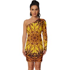 Abstract Gold Mandala Yellow Long Sleeve One Shoulder Mini Dress