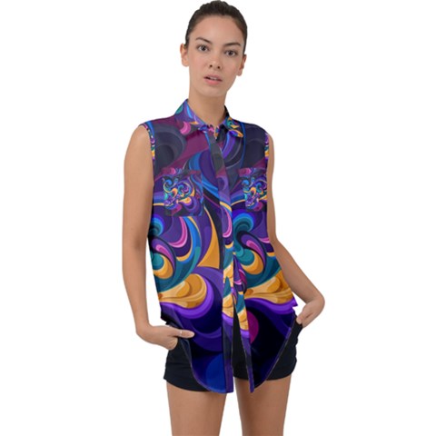 Colorful Waves Abstract Waves Curves Art Abstract Material Material Design Sleeveless Chiffon Button Shirt by uniart180623