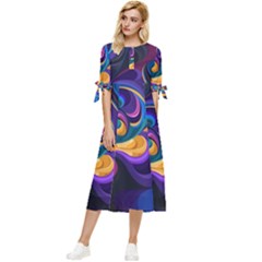 Colorful Waves Abstract Waves Curves Art Abstract Material Material Design Bow Sleeve Chiffon Midi Dress by uniart180623