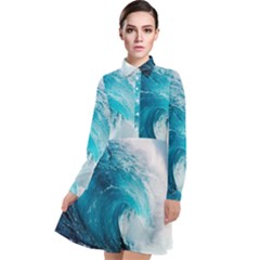 Tsunami Big Blue Wave Ocean Waves Water Long Sleeve Chiffon Shirt Dress by uniart180623